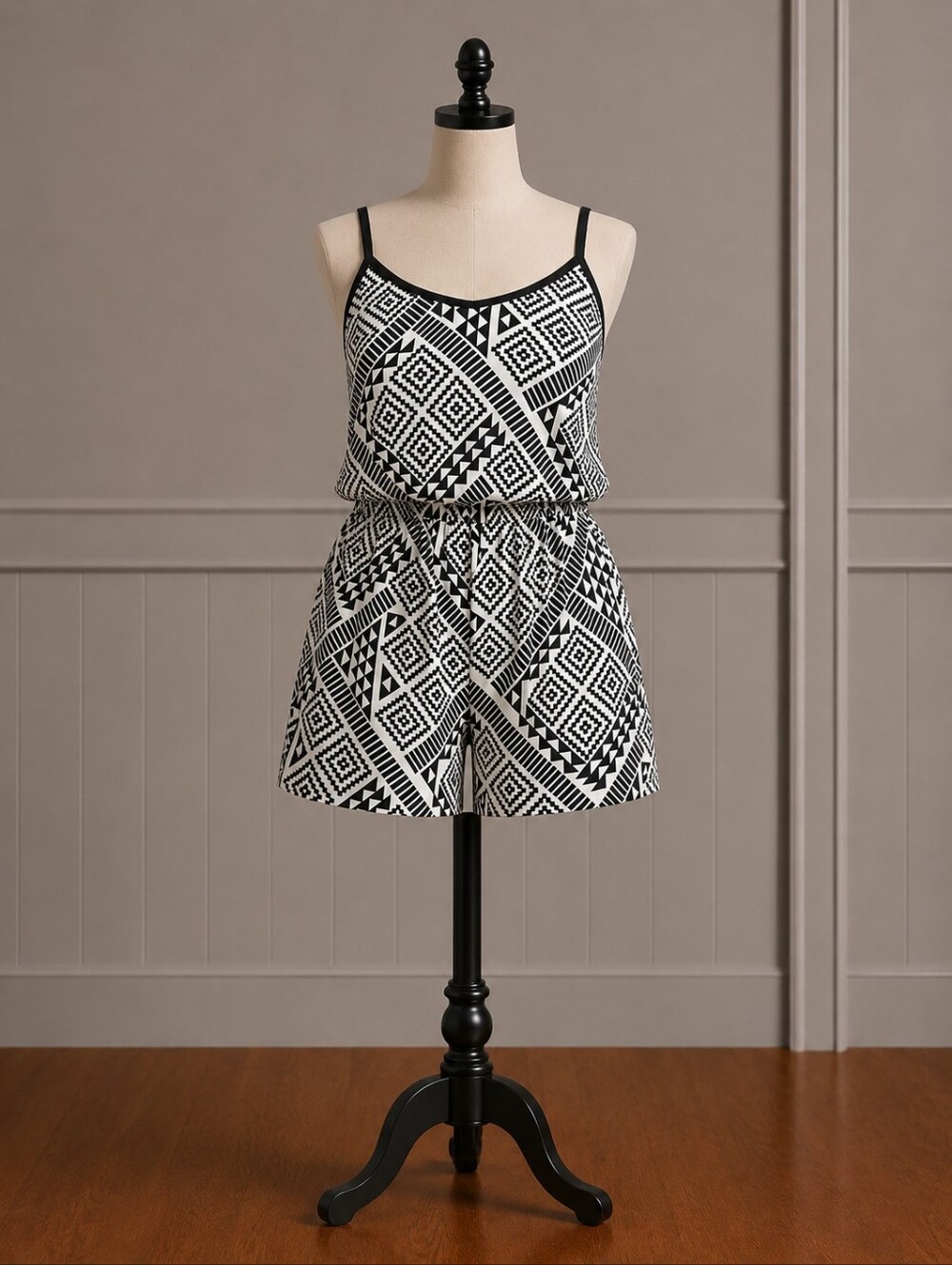 Geometric Black and White Women's Romper